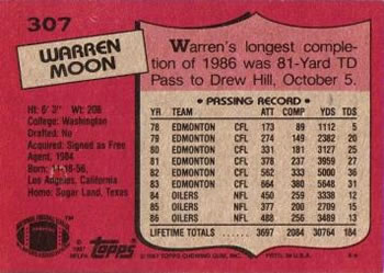 1987 Topps #307 Warren Moon Back