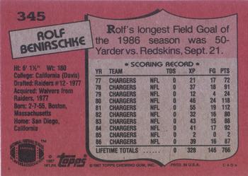 1987 Topps #345 Rolf Benirschke Back
