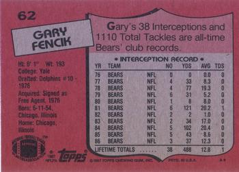 1987 Topps #62 Gary Fencik Back