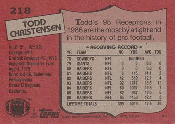 1987 Topps #218 Todd Christensen Back
