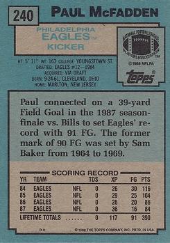 1988 Topps #240 Paul McFadden Back