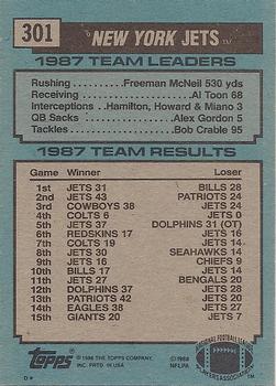 1988 Topps #301 Jets Team Leaders - Ken O'Brien Back