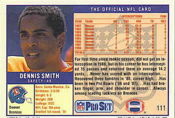 1989 Pro Set #111 Dennis Smith Back