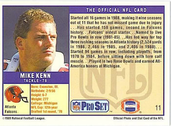 1989 Pro Set #11 Mike Kenn Back