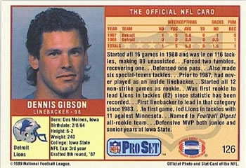 1989 Pro Set #126 Dennis Gibson Back