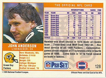 1989 Pro Set #128 John Anderson Back