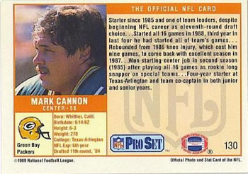 1989 Pro Set #130 Mark Cannon Back