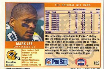 1989 Pro Set #132 Mark Lee Back