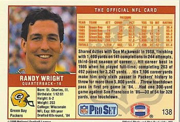 1989 Pro Set #138 Randy Wright Back