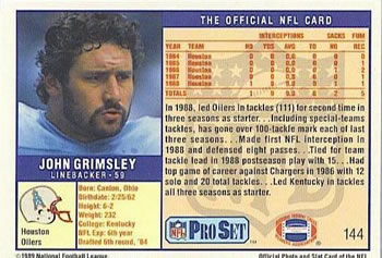 1989 Pro Set #144 John Grimsley Back