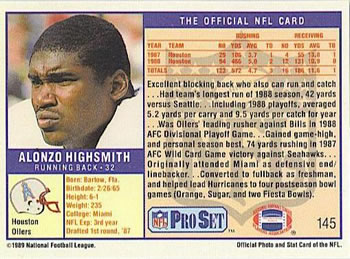 1989 Pro Set #145 Alonzo Highsmith Back