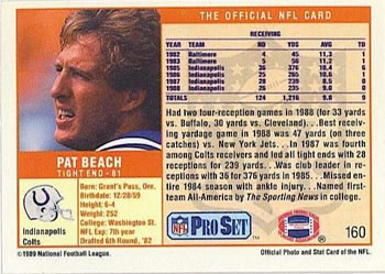 1989 Pro Set #160 Pat Beach Back