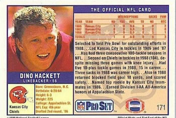 1989 Pro Set #171 Dino Hackett Back