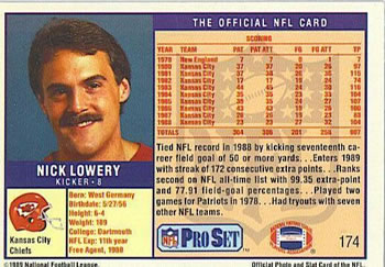 1989 Pro Set #174 Nick Lowery Back