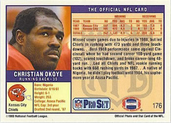 1989 Pro Set #176 Christian Okoye Back