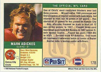 1989 Pro Set #178 Mark Adickes Back