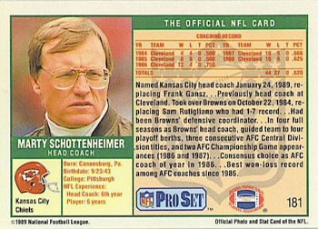 1989 Pro Set #181 Marty Schottenheimer Back