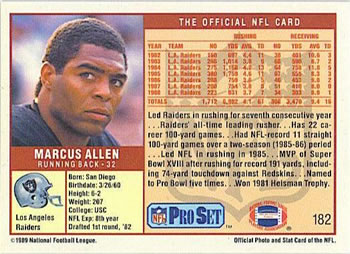 1989 Pro Set #182 Marcus Allen Back