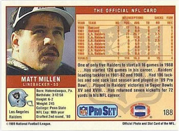 1989 Pro Set #188 Matt Millen Back