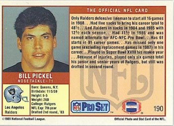 1989 Pro Set #190 Bill Pickel Back