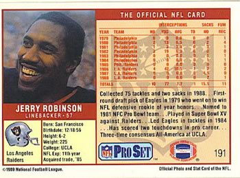 1989 Pro Set #191 Jerry Robinson Back