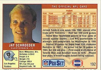 1989 Pro Set #192 Jay Schroeder Back