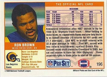 1989 Pro Set #196 Ron Brown Back