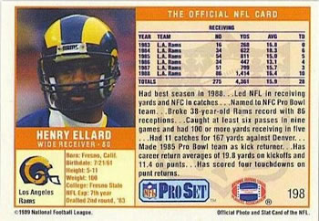 1989 Pro Set #198 Henry Ellard Back