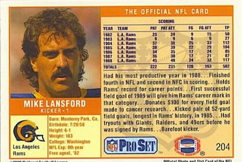 1989 Pro Set #204 Mike Lansford Back