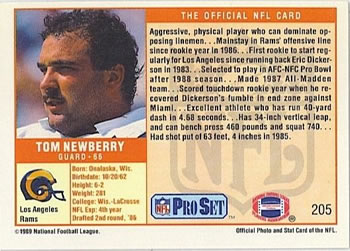 1989 Pro Set #205 Tom Newberry Back