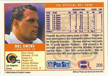 1989 Pro Set #206 Mel Owens Back