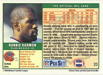 1989 Pro Set #20 Ronnie Harmon Back