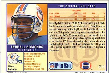 1989 Pro Set #214 Ferrell Edmunds Back