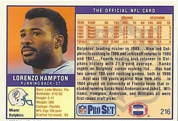 1989 Pro Set #216 Lorenzo Hampton Back
