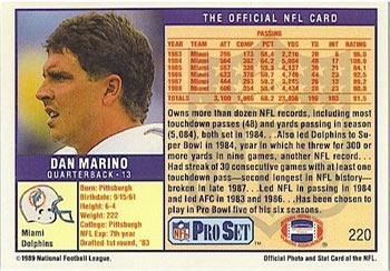 1989 Pro Set #220 Dan Marino Back