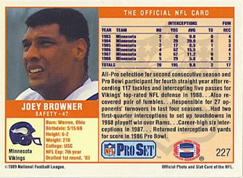 1989 Pro Set #227 Joey Browner Back