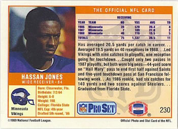 1989 Pro Set #230 Hassan Jones Back