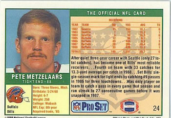 1989 Pro Set #24 Pete Metzelaars Back