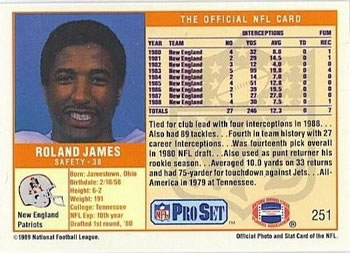 1989 Pro Set #251 Roland James Back