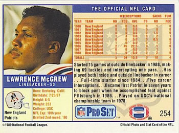 1989 Pro Set #254 Lawrence McGrew Back