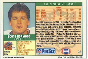 1989 Pro Set #25 Scott Norwood Back