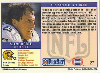 1989 Pro Set #271 Steve Korte Back