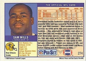 1989 Pro Set #274 Sam Mills Back