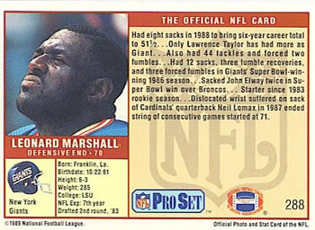 1989 Pro Set #288 Leonard Marshall Back