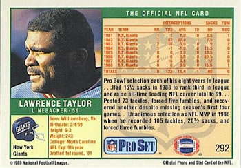 1989 Pro Set #292 Lawrence Taylor Back