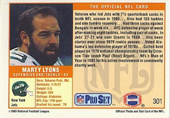 1989 Pro Set #301 Marty Lyons Back