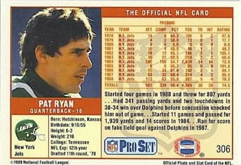 1989 Pro Set #306 Pat Ryan Back