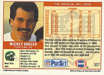 1989 Pro Set #307 Mickey Shuler Back