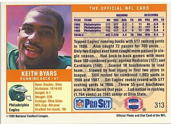 1989 Pro Set #313 Keith Byars Back