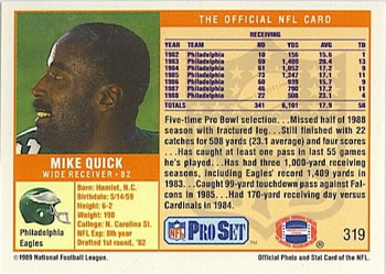 1989 Pro Set #319 Mike Quick Back